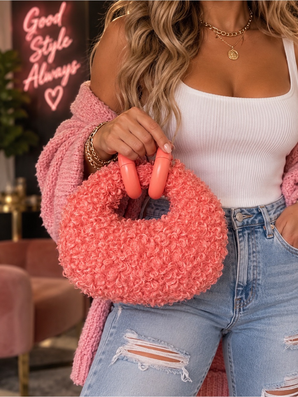 Pink Curly Fur mini Handbag with Hoop Handles